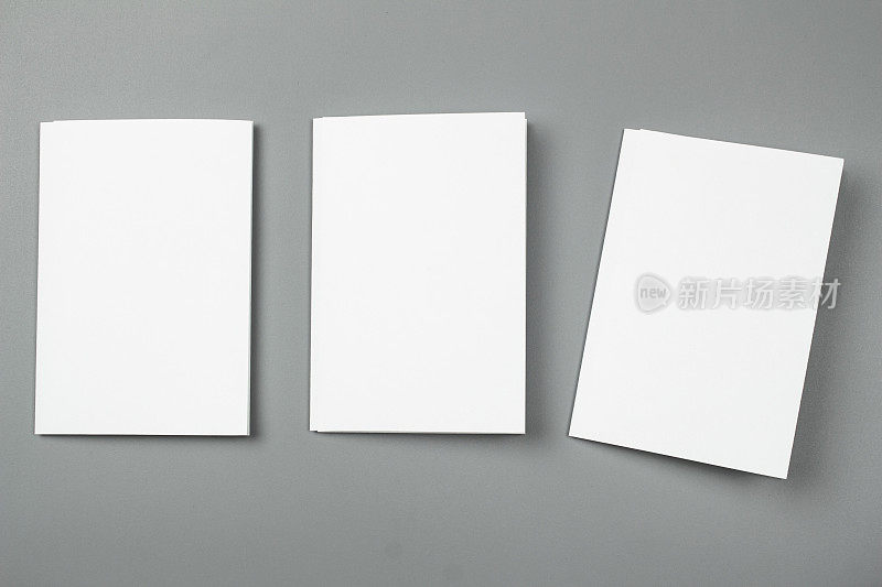 空白的肖像。多变的背景/白纸孤立在灰色。身份设计，公司模板，公司风格，一套小册子，空白白色折叠纸传单